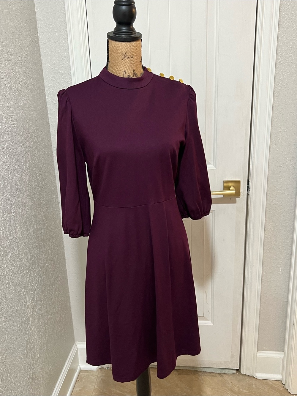 Nannette Plum Long-Sleeve A-Line Dress with Gold Buttons
